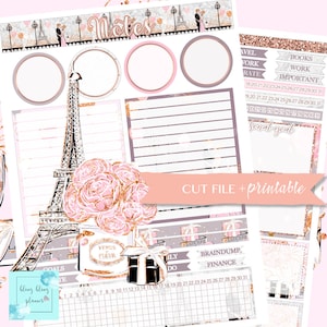 May include: Printable planner stickers with a Parisian theme. The stickers feature a pink and gold color scheme with illustrations of the Eiffel Tower, roses, and a gift box. The stickers include sections for notes, goals, a monthly calendar, and a daily to-do list. The text "CUT FILE + printable" is included on the sticker sheet.