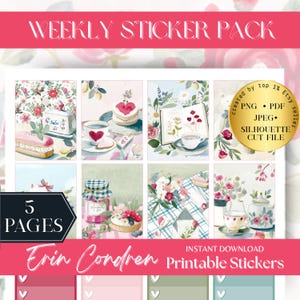 Puede incluir: Un paquete de pegatinas digitales con ilustraciones de acuarela de escenas de fiesta de té. El paquete incluye imágenes de pasteles, tazas de té y arreglos florales. El texto incluye "WEEKLY STICKER PACK", "5 PAGES" y "Erin Condren Printable Stickers".