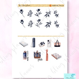 May include: A set of printable planner stickers featuring floral designs, a water bottle, a yoga mat, a gym bag, a pair of sneakers, a phone case, a notebook, and a hair tie. The stickers are in shades of blue, black, white, and pink.