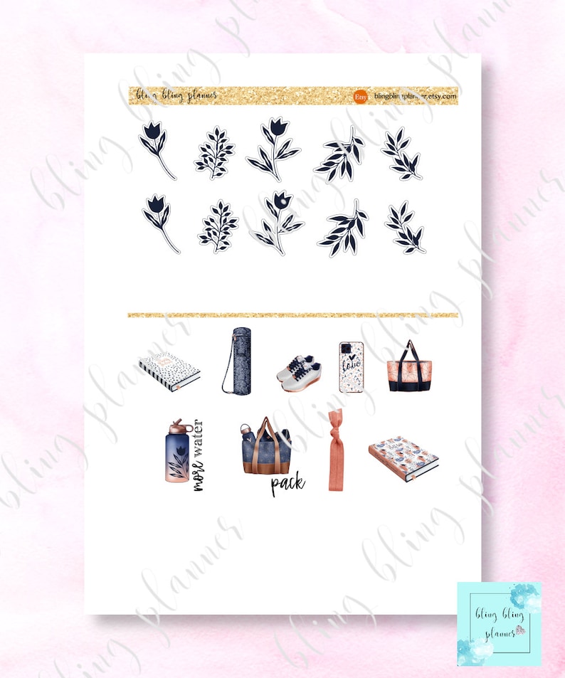 May include: A set of printable planner stickers featuring floral designs, a water bottle, a yoga mat, a gym bag, a pair of sneakers, a phone case, a notebook, and a hair tie. The stickers are in shades of blue, black, white, and pink.