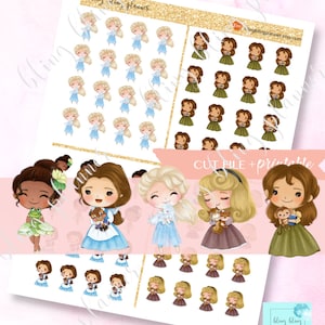 Può includere: Un foglio di adesivi stampabili con principesse Disney. Il foglio include 12 adesivi di ogni principessa: Tiana, Belle, Elsa e Aurora. Ogni principessa tiene un piccolo animale o un oggetto. Gli adesivi sono progettati per l'uso in planner, diari e altri progetti di artigianato.