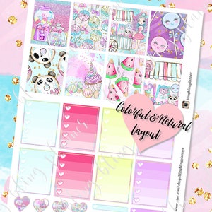 May include: A set of colorful planner stickers with a variety of designs, including a panda, watermelon, and candy. The stickers are arranged in a grid pattern and have a pink, blue, and yellow color scheme. The text "Colorful & Natural Layout" is written in a pink heart shape.