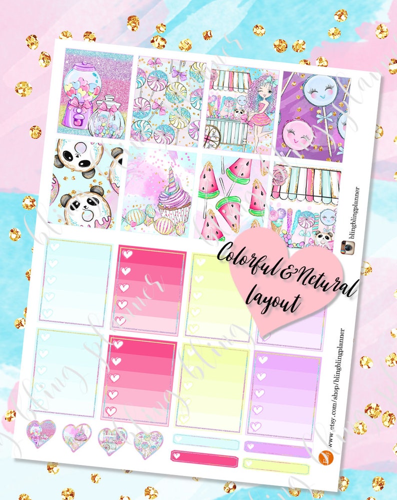 May include: A set of colorful planner stickers with a variety of designs, including a panda, watermelon, and candy. The stickers are arranged in a grid pattern and have a pink, blue, and yellow color scheme. The text "Colorful & Natural Layout" is written in a pink heart shape.