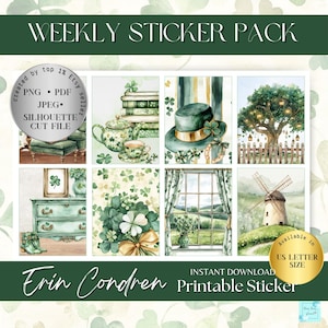 May include: A set of eight printable stickers featuring a green, white, and gold color scheme. The stickers include images of a teapot, a window, a windmill, a shamrock, a leprechaun hat, and a tree with lights. The text "Weekly Sticker Pack" and "Erin Condren Printable Sticker" are also included.