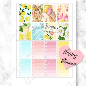 May include: A set of 9 summer-themed planner stickers featuring lemons, ice cream, flowers, and a woman with a summery outfit. The stickers are on a white background with a pink heart that says "Happy Planner".