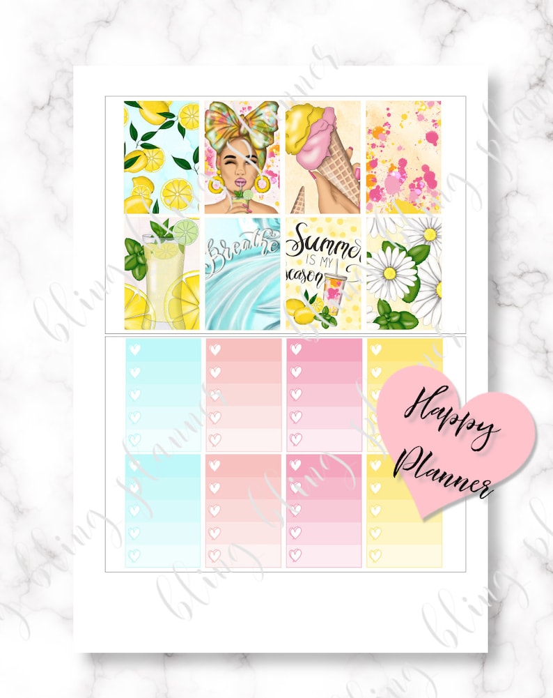 May include: A set of 9 summer-themed planner stickers featuring lemons, ice cream, flowers, and a woman with a summery outfit. The stickers are on a white background with a pink heart that says "Happy Planner".