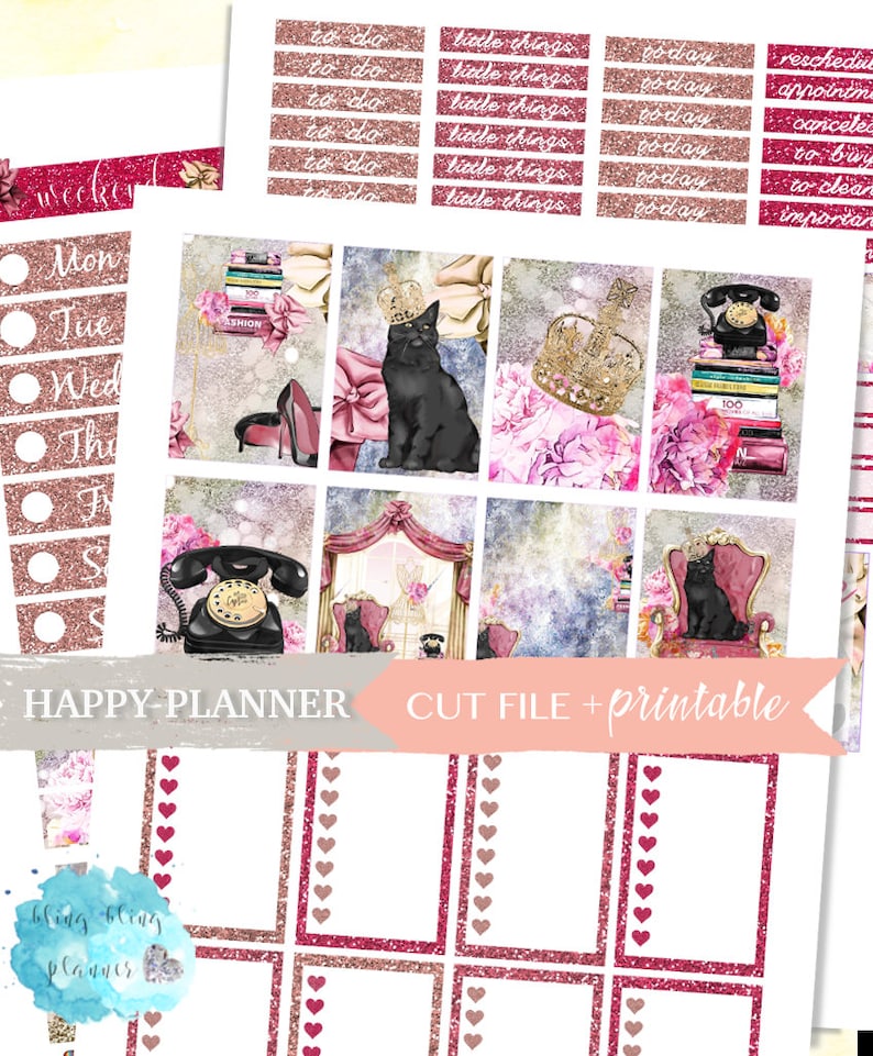 Peut inclure: Un ensemble d'autocollants de planificateur imprimables avec un chat noir, une couronne, un t&eacute;l&eacute;phone vintage et un motif floral rose. Les autocollants sont con&ccedil;us pour &ecirc;tre utilis&eacute;s avec un Happy Planner.