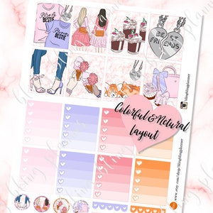 May include: A set of colorful planner stickers featuring illustrations of girls, ice cream, cupcakes, and hearts. The stickers are designed for use in a planner or journal. The text "Colorful & Neutral Layout" is included on the sticker sheet.