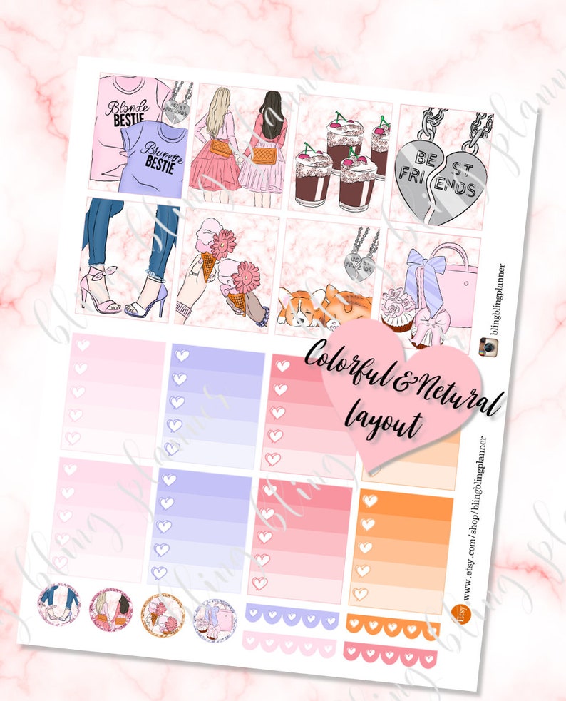 May include: A set of colorful planner stickers featuring illustrations of girls, ice cream, cupcakes, and hearts. The stickers are designed for use in a planner or journal. The text "Colorful & Neutral Layout" is included on the sticker sheet.