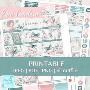Puede incluir: Pegatinas imprimibles para planificador con un calendario de diciembre en colores florales y pastel. Las pegatinas incluyen una variedad de dise&ntilde;os, como macarons, frascos de perfume y arreglos florales. El texto "Erin Condren" y "Diciembre" aparece en las pegatinas.