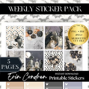 Spooky Halloween Printable Erin condren weekly Sticker, EC Vertical Sticker bundle, Black October journal Halloween scrapbook sticker set