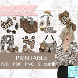 May include: Printable digital planner stickers featuring a variety of designs, including a zebra print scarf, leopard print roller skates, a leopard print handbag, a leopard print bow, a sunflower in a vase, and a woman wearing a zebra print shirt. The text "Erin Condren" and "Printable" are also included in the image.