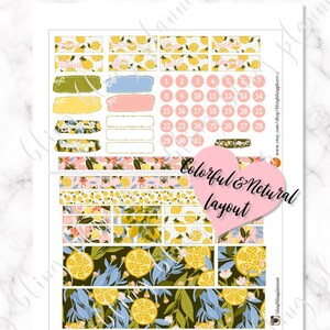 Puede incluir: Pegatinas para planificador con tem&aacute;tica de lim&oacute;n con un dise&ntilde;o colorido y natural. Las pegatinas incluyen una variedad de dise&ntilde;os, como limones, flores y hojas. Tambi&eacute;n hay algunas cajas y c&iacute;rculos en blanco para escribir. El texto "Colorful & Netural layout" est&aacute; escrito en rosa sobre una pegatina en forma de coraz&oacute;n.