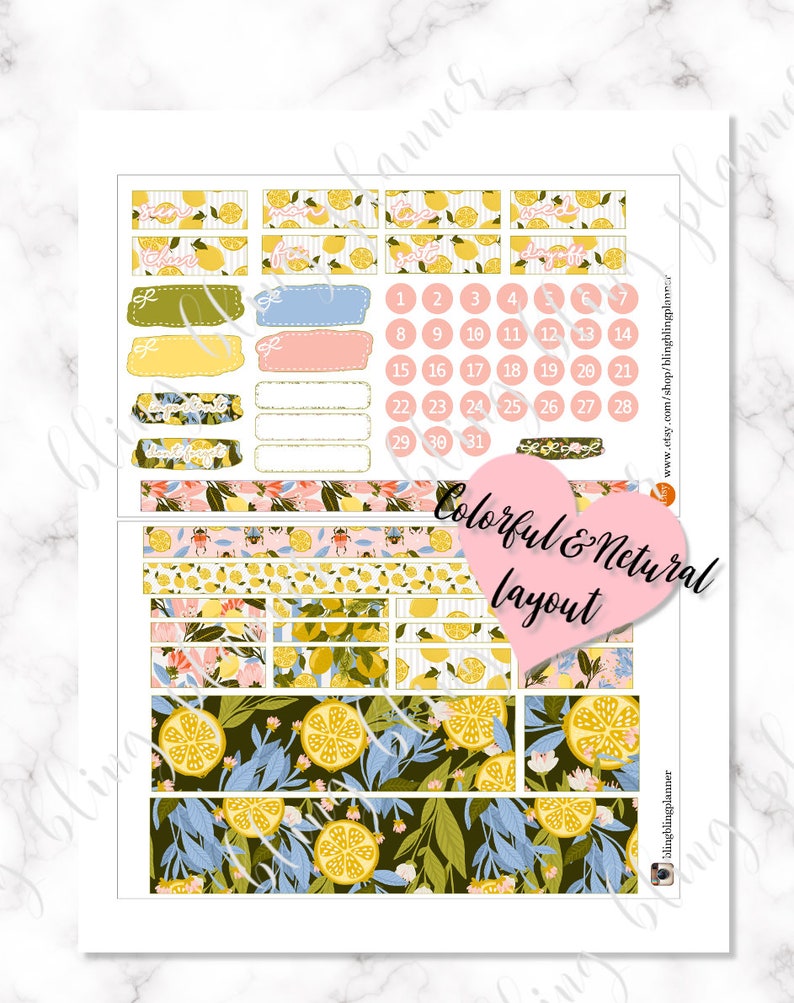 Puede incluir: Pegatinas para planificador con tem&aacute;tica de lim&oacute;n con un dise&ntilde;o colorido y natural. Las pegatinas incluyen una variedad de dise&ntilde;os, como limones, flores y hojas. Tambi&eacute;n hay algunas cajas y c&iacute;rculos en blanco para escribir. El texto "Colorful & Netural layout" est&aacute; escrito en rosa sobre una pegatina en forma de coraz&oacute;n.