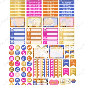 May include: A collection of planner stickers in gold, pink, blue, and orange. The stickers feature text such as "to do," "little things," and "today," alongside various icons and decorative elements for planning.