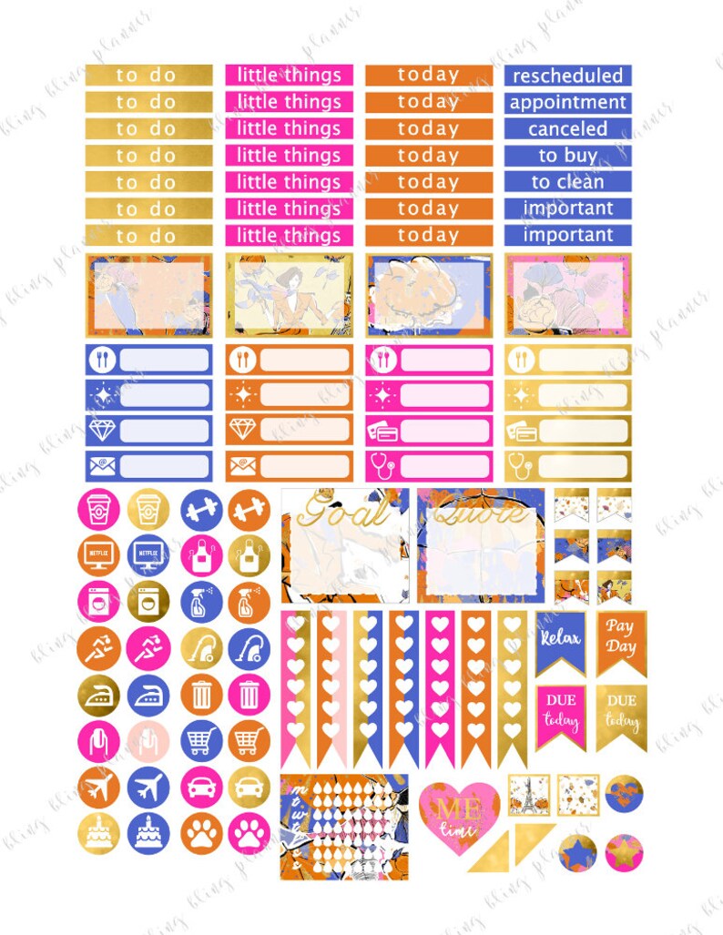 May include: A collection of planner stickers in gold, pink, blue, and orange. The stickers feature text such as "to do," "little things," and "today," alongside various icons and decorative elements for planning.
