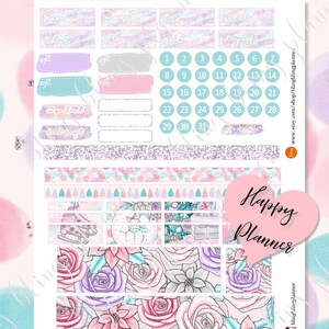 May include: A set of printable planner stickers featuring a winter theme with a pink, blue, and white color scheme. The stickers include a calendar, days of the week, and various decorative elements such as snowflakes, roses, and Christmas trees.