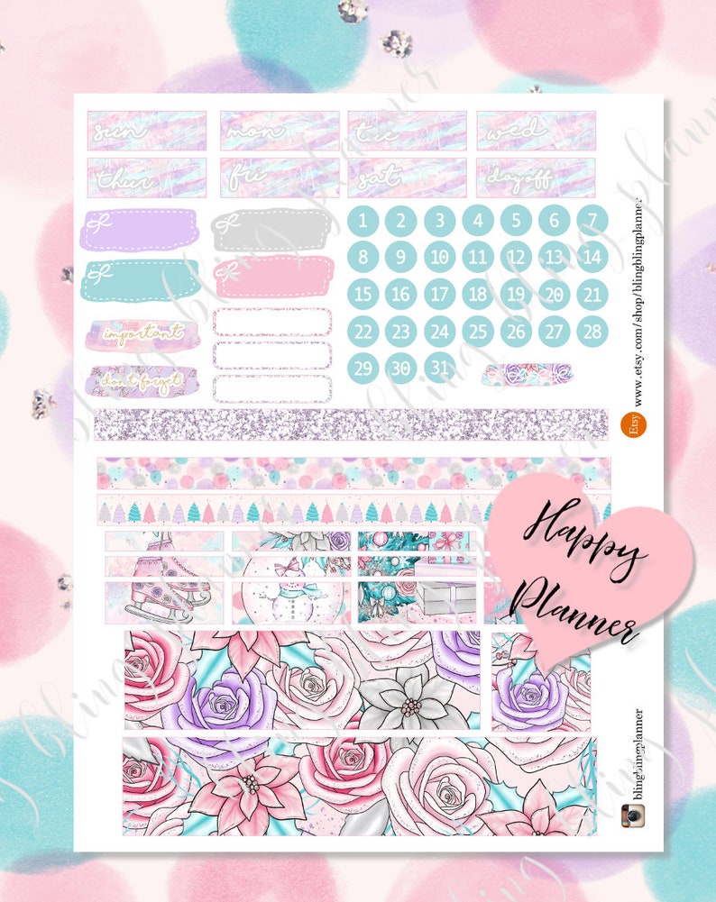 May include: A set of printable planner stickers featuring a winter theme with a pink, blue, and white color scheme. The stickers include a calendar, days of the week, and various decorative elements such as snowflakes, roses, and Christmas trees.