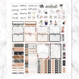 May include: A printable planner sticker sheet with a floral design. The stickers include boxes, banners, and icons for scheduling appointments, events, and tasks. The stickers are in shades of brown, black, and pink.