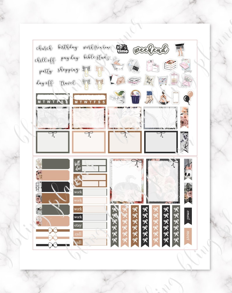 May include: A printable planner sticker sheet with a floral design. The stickers include boxes, banners, and icons for scheduling appointments, events, and tasks. The stickers are in shades of brown, black, and pink.