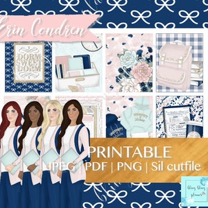 May include: Printable planner stickers featuring a blue and pink color scheme with a dorm sweet dorm design, a floral design, a backpack with books, a blue and white hoodie, and a student's desk with a coffee cup and a notebook. The text "PRINTABLE JPEG PDF | PNG | Sil cutfile" is displayed on a wooden surface.