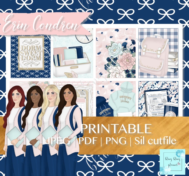 May include: Printable planner stickers featuring a blue and pink color scheme with a dorm sweet dorm design, a floral design, a backpack with books, a blue and white hoodie, and a student's desk with a coffee cup and a notebook. The text "PRINTABLE JPEG PDF | PNG | Sil cutfile" is displayed on a wooden surface.