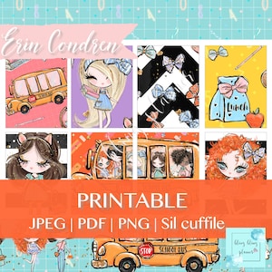 May include: Printable planner stickers featuring a school bus, a girl with blonde hair, and a lunch bag with the word "Lunch" on it. The stickers are designed in a colorful cartoon style with glitter accents.