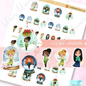 PRINTABLE snow globe PRINCESS STICKER, autocollant imprimable princesse de Noël, autocollant princesse Merida, autocollant mulan, autocollant princesse Tiana