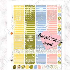 Puede incluir: Un conjunto de pegatinas de planificador coloridas con una variedad de dise&ntilde;os, que incluyen corazones, flores y purpurina. Las pegatinas est&aacute;n dispuestas en filas y columnas sobre un fondo blanco. El texto "Colorful & Netural layout" est&aacute; escrito en un coraz&oacute;n rosa.
