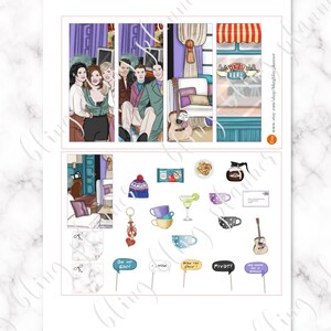 May include: A set of printable stickers featuring characters and scenes from the popular TV show "Friends". The stickers include images of the main characters, the iconic Central Perk coffee shop, and various props from the show, such as a coffee mug, a guitar, and a hat.