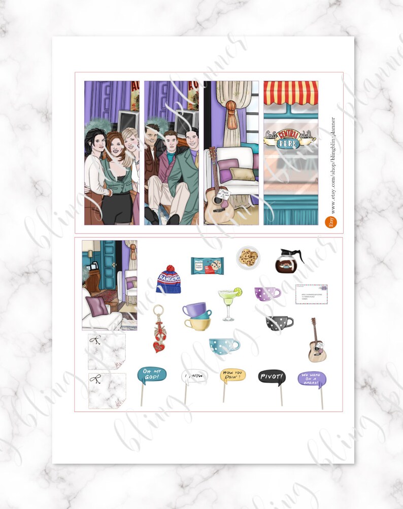 May include: A set of printable stickers featuring characters and scenes from the popular TV show "Friends". The stickers include images of the main characters, the iconic Central Perk coffee shop, and various props from the show, such as a coffee mug, a guitar, and a hat.