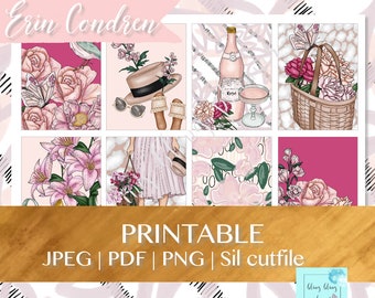 May include: Printable planner stickers featuring floral designs, a woman in a dress, a bottle of wine, and a basket of flowers. The stickers are in pink, white, and green tones. The text "Erin Condren" and "PRINTABLE" are visible.