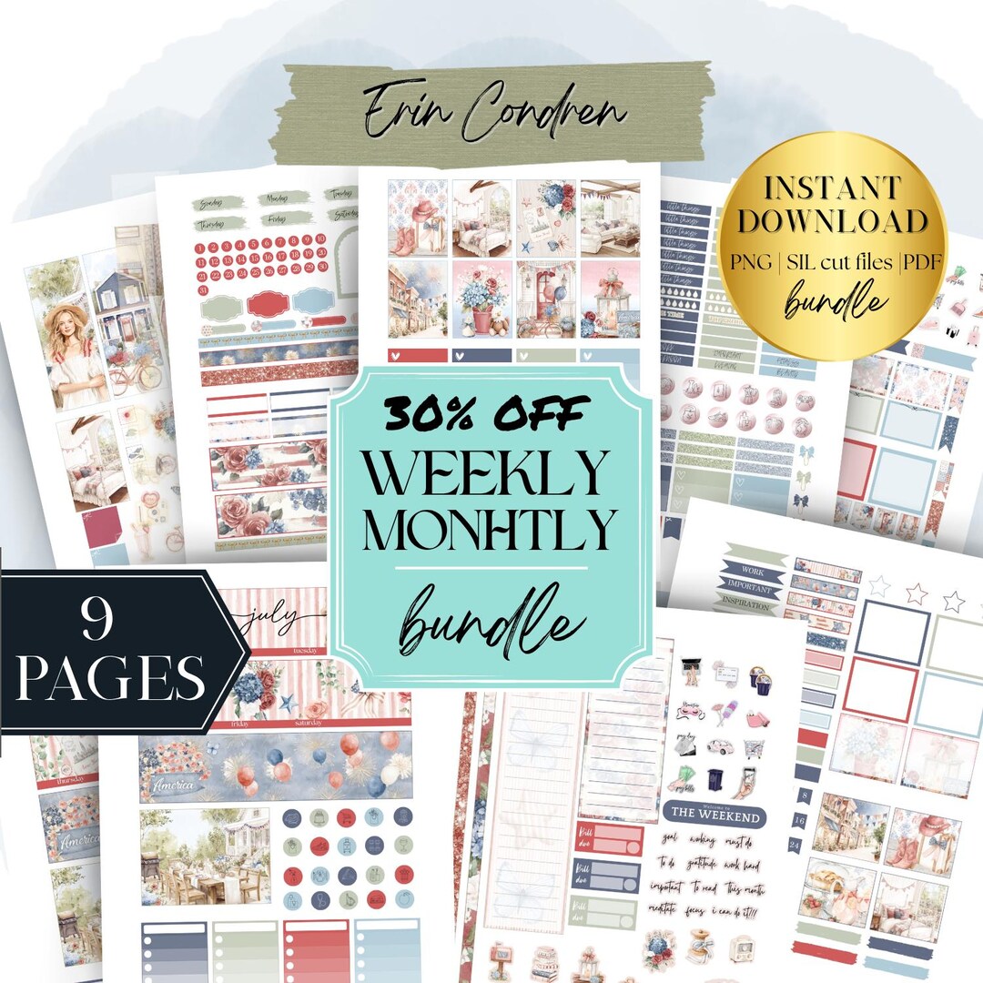 July 4th Independence Day Erin Condren Printable Sticker Bundle, Erin ...