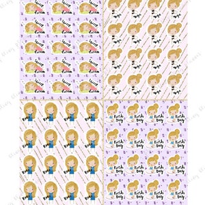 May include: Four digital planner pages with repeating patterns. The first page features a purple background with a white outline of a sleeping girl with the text "Sweet Dream". The second page features a pink background with a white outline of a girl doing yoga with the text "Yoga". The third page features a pink and white striped background with a white outline of a girl with the text "Roar". The fourth page features a purple background with a white outline of a girl holding a plate with the text "Fresh Day".