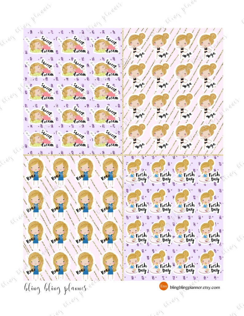 May include: Four digital planner pages with repeating patterns. The first page features a purple background with a white outline of a sleeping girl with the text "Sweet Dream". The second page features a pink background with a white outline of a girl doing yoga with the text "Yoga". The third page features a pink and white striped background with a white outline of a girl with the text "Roar". The fourth page features a purple background with a white outline of a girl holding a plate with the text "Fresh Day".