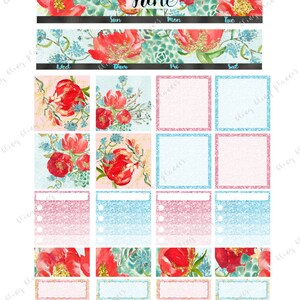 May include: A printable June calendar planner with floral and succulent illustrations. The calendar has a pink and blue glitter background with blank boxes for each day of the week.