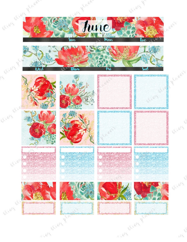 May include: A printable June calendar planner with floral and succulent illustrations. The calendar has a pink and blue glitter background with blank boxes for each day of the week.