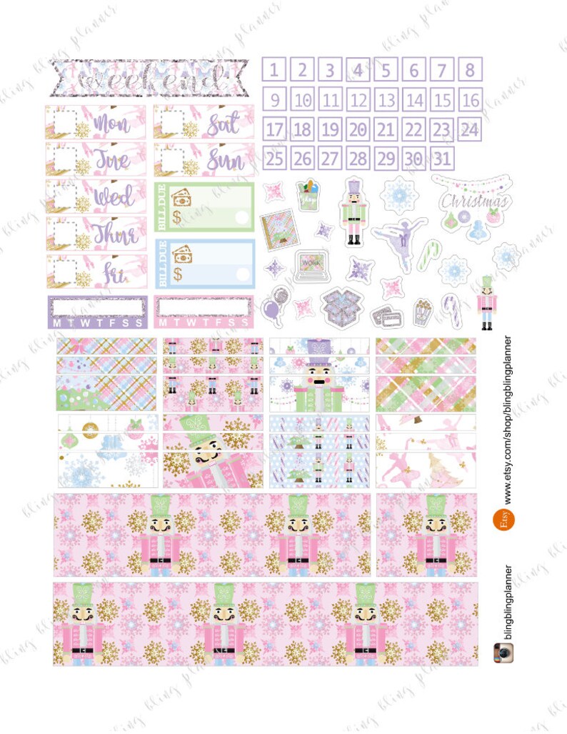 Peut inclure: Un ensemble d'autocollants de planificateur imprimables sur le th&egrave;me du Casse-Noisette. Les autocollants comprennent un calendrier, les jours de la semaine, une section pour les factures &agrave; payer et diverses illustrations sur le th&egrave;me du Casse-Noisette. Les autocollants sont con&ccedil;us dans un sch&eacute;ma de couleurs rose et vert avec des accents dor&eacute;s.