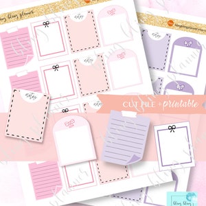 May include: Printable planner stickers with a pink and purple color scheme. The stickers feature various shapes and sizes, including notes, squares, and rectangles. Some stickers have a bow design. The text "CUT FILE + printable" is visible on the image.