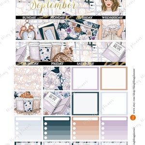 May include: A September monthly planner with a floral design. The planner has a weekly layout with spaces for each day of the week. The planner also includes a section for notes and a section for goals. The planner is decorated with a floral design and a cute cat.