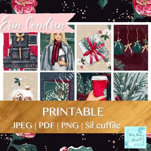 May include: Printable planner stickers featuring a winter theme with illustrations of presents, a woman, a coffee cup, and a gingerbread house. The stickers are designed by Erin Condren and are available in JPEG, PDF, PNG, and Silhouette formats.