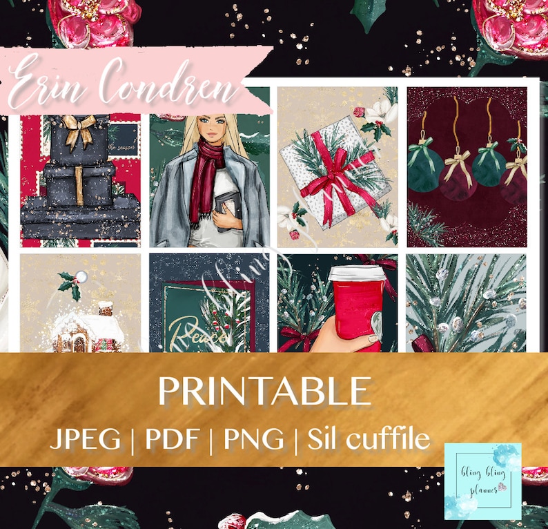 May include: Printable planner stickers featuring a winter theme with illustrations of presents, a woman, a coffee cup, and a gingerbread house. The stickers are designed by Erin Condren and are available in JPEG, PDF, PNG, and Silhouette formats.