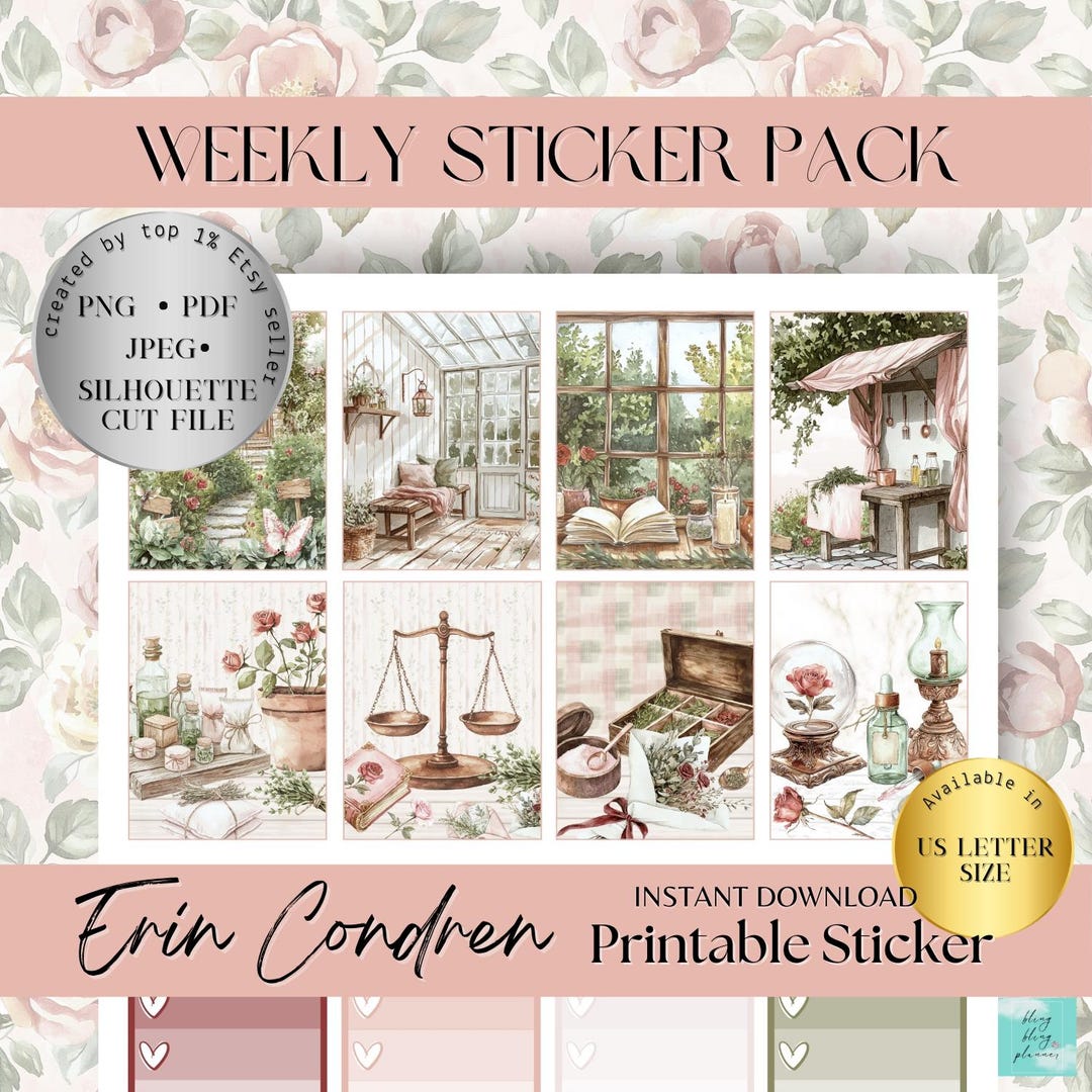 Rose Therapy Erin Condren Weekly Printable Sticker, Floral Vertical ...
