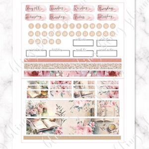 May include: A set of printable planner stickers with a floral and book theme. The stickers include a calendar grid, boxes for appointments, birthdays, self-care, must-do, and social media, and decorative floral and book illustrations.