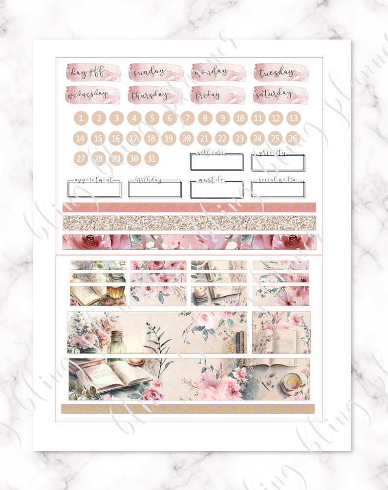 May include: A set of printable planner stickers with a floral and book theme. The stickers include a calendar grid, boxes for appointments, birthdays, self-care, must-do, and social media, and decorative floral and book illustrations.