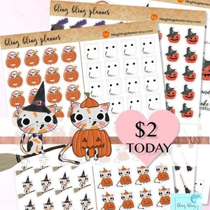May include: Sheets of Halloween-themed planner stickers featuring pumpkins, ghosts, cats in witch hats, and cats in pumpkin costumes. The stickers are in various sizes and designs, with the text "bling bling planner" visible on the sheets.