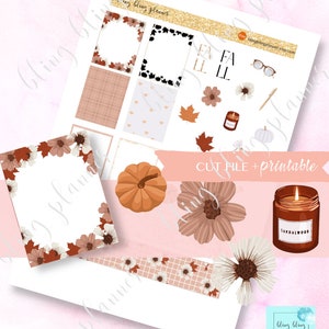 May include: Printable planner stickers with a fall theme. The stickers feature pumpkins, leaves, flowers, a candle, and the words "FA FA LL LL".