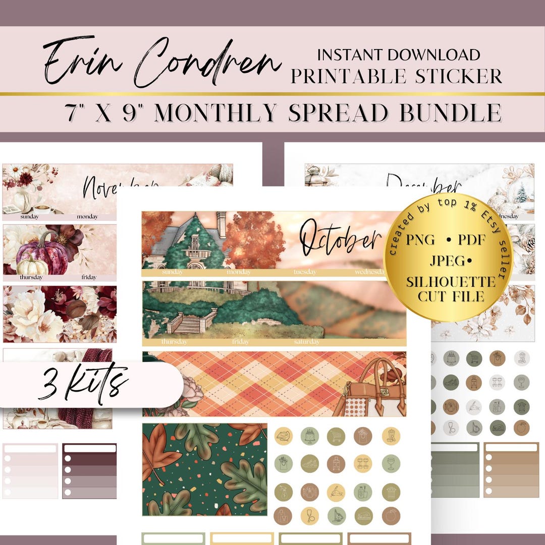 Erin Condren Oct Nov Dec EC Monthly Printable Sticker Bundle, Fall ...