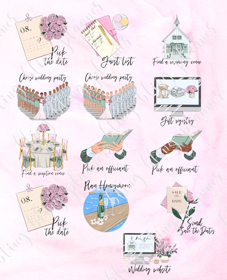 WEDDING PLANNING printable sticker, pick a date sticker, budget sticker, find venue sticker, wedding planner sticker, printable wedding plan image 3