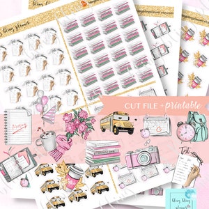 May include: A set of printable planner stickers featuring a variety of school and study-themed designs, including books, a school bus, a coffee cup, a calendar, and a test checklist. The stickers are in pink, green, yellow, and blue.